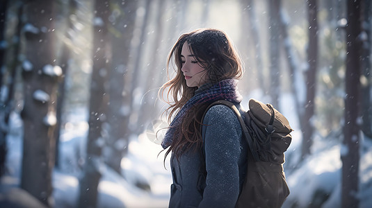 冬天年轻漂亮女子在森林中漫步图片