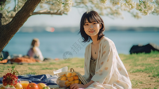年轻漂亮女子正在湖边野餐图片