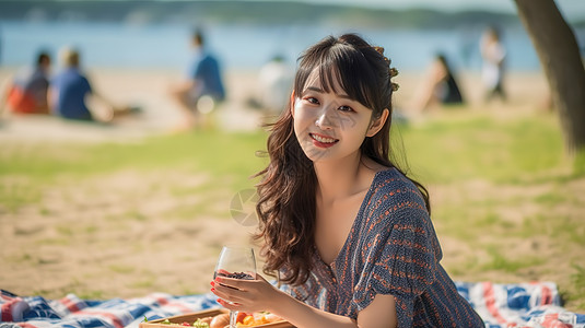 年轻漂亮女子正在湖边野餐图片