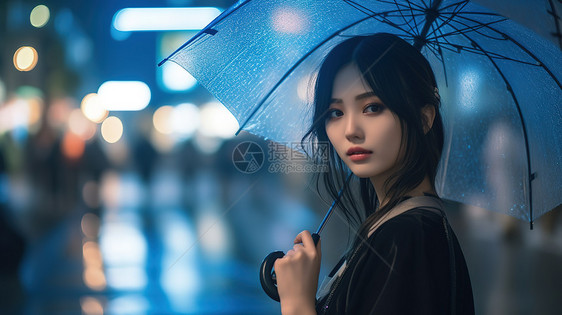 春雨年轻美丽女子撑着伞站在城市的角落图片