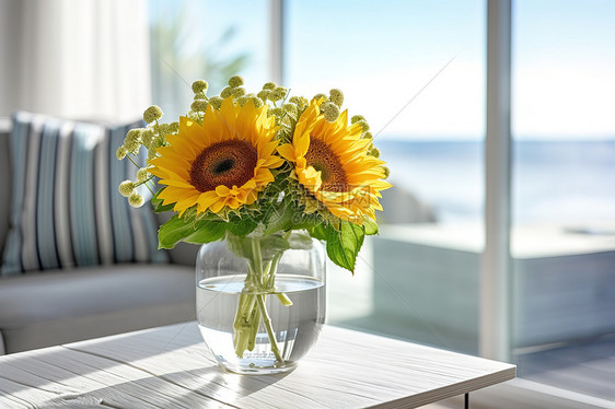 简约家居玻璃花瓶中美丽向日葵图片
