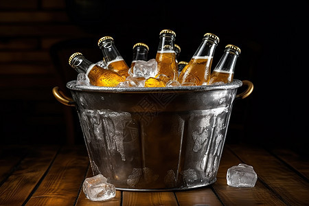 装满冰块金属桶上放着啤酒背景图片
