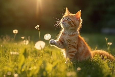 逆光橘猫绿色草地玩蒲公英图片
