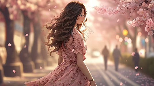 美女漫步在樱花树下高清图片