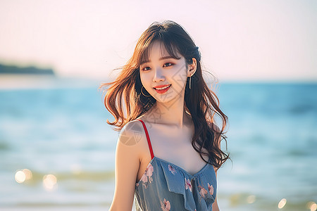 海边沙滩温柔微笑的女孩图片