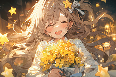 开心大笑的女孩抱着百合花花朵图片