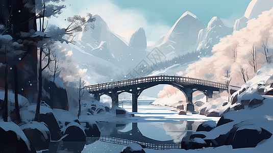 大雪道路大雪山中的桥梁道路插画