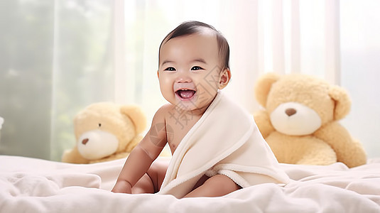 坐在床上开心地笑着的宝宝高清图片素材