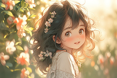 花丛中可爱小女孩回眸一笑图片