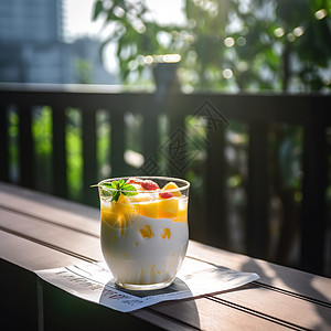 窗台上的水果酸奶图片