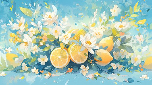 小清新卡通花丛中新鲜柠檬与瓶装柠檬汁图片