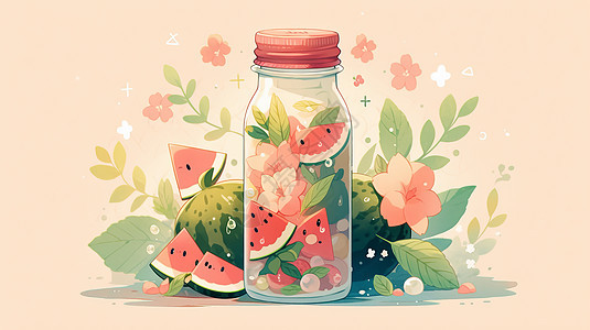 小清新卡通粉色透明瓶中装满西瓜和花朵图片