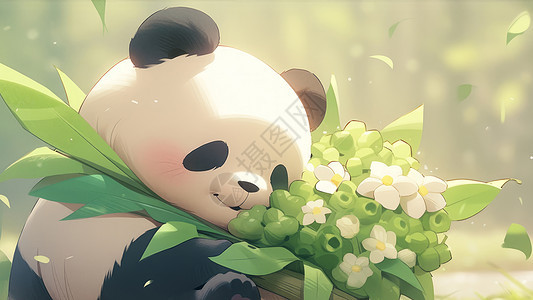 拥抱竹子和花束的胖卡通大熊猫背景图片