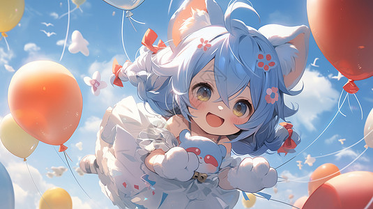 拉着气球飞在蓝天白云间的大眼睛可爱卡通女孩图片