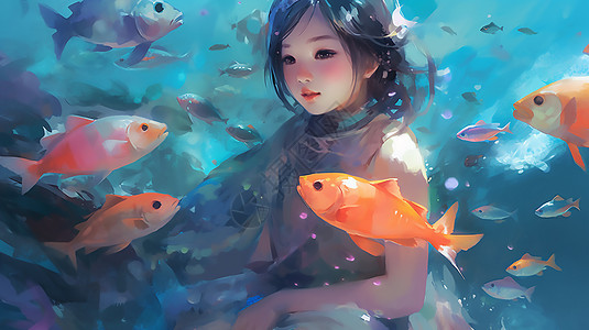 被鱼包围的少女图片