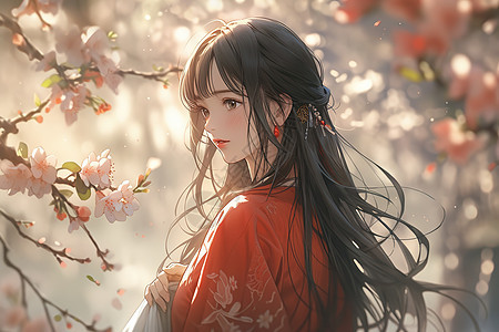 樱花树下美丽女孩动漫图片