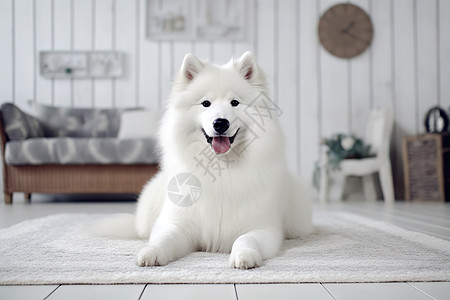 可爱萨摩耶狗坐在客厅地毯图片
