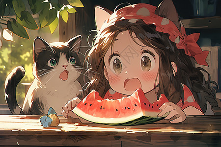 夏天夏至插画吃西瓜的小女孩动漫图片