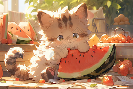 夏至可爱风海报小猫咪开心吃西瓜高清图片