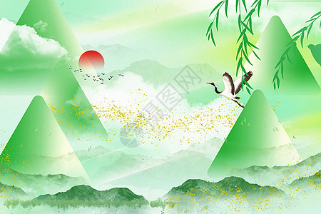 端午节山水烫金中国水墨画风端午节主题背景设计图片