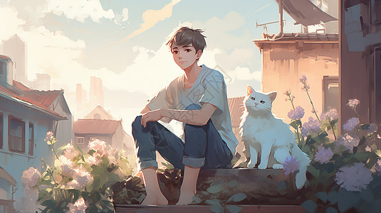 阳光下的少年和猫图片