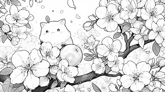 黑白线稿可爱的小动物站在樱花树丛中图片