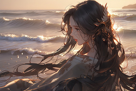 穿着汉服女孩坐在海滩上看日落图片