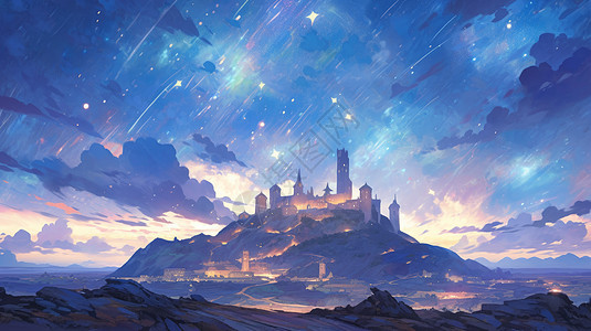 卡通高山上的城堡与星空风景图片