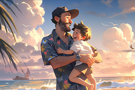海滩上父亲抱着孩子之父亲节插画