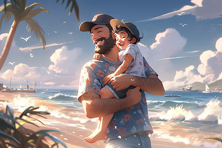 海滩上父亲抱着孩子游玩图片