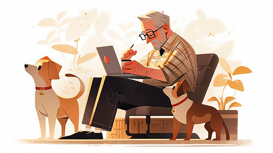 坐在沙发上工作的卡通老爷爷与宠物狗图片