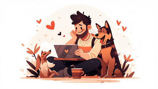 坐在地上看电脑的卡通男人与宠物狗图片