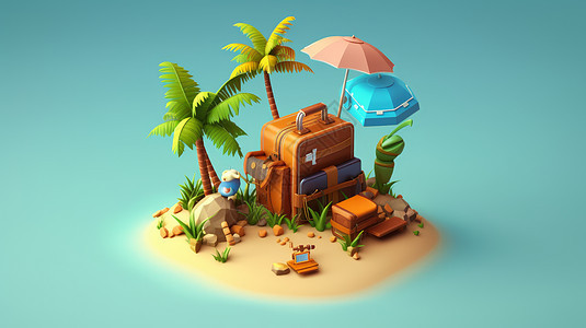 一个立体卡通背包在有椰子树和沙滩的小岛上图片