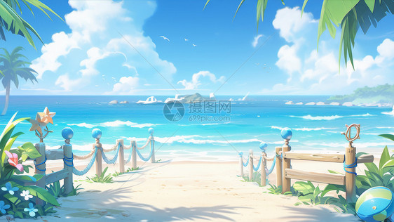 蓝天白云下的卡通海边宠物度假场景图片