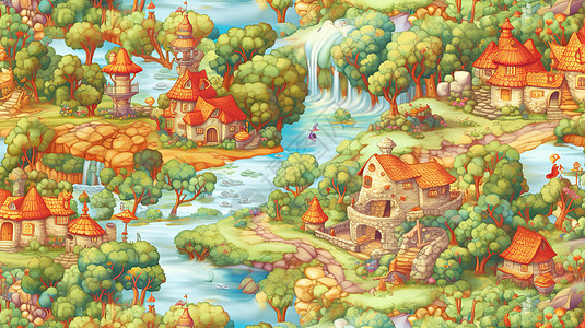 梦幻卡通河流两岸的梦幻卡通房子与森林图片