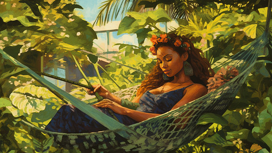 躺在吊床上休息的非洲卡通女孩油画背景图片