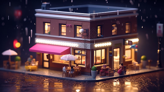 夜晚亮着灯的卡通咖啡店在雨中图片
