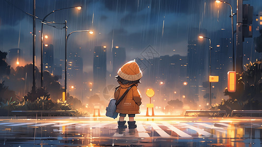 背着斜挎包在雨中过马路卡通女孩背影图片