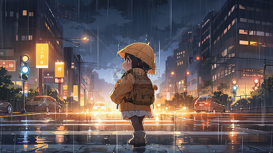 在街道旁穿着黄色衣服雨中卡通小女孩图片