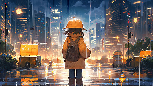 在雨中卡通小孩穿着雨衣背着书包面对高大的城市建筑背影图片