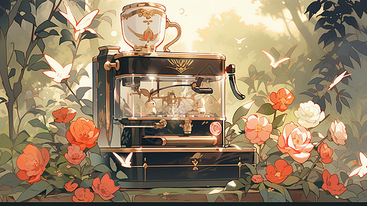 被花朵围绕的复古卡通咖啡机图片