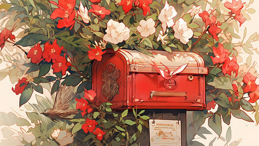 在花丛中的红色卡通邮筒图片