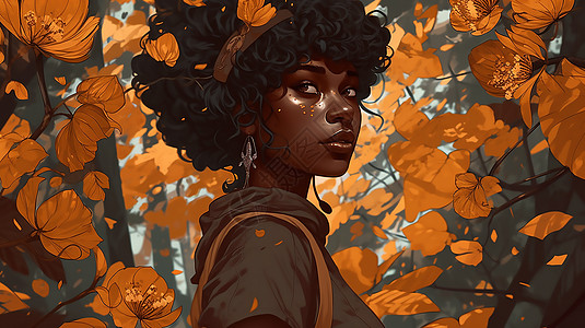 妇女模特花丛中的黑人女人模特插画