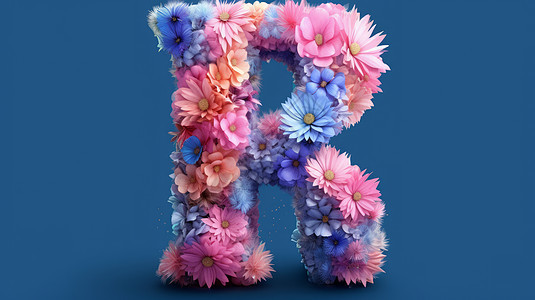 小清新蓝粉撞色花朵卡通毛绒绒的字母R图片