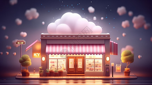 梦幻粉色可爱云朵的立体卡通商店图片