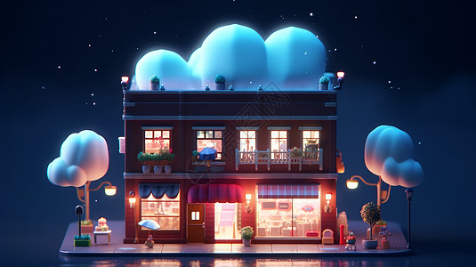 顶着蓝色云朵的可爱卡通立体商店背景图片