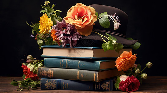帽子与花朵放在厚厚的书籍上背景图片