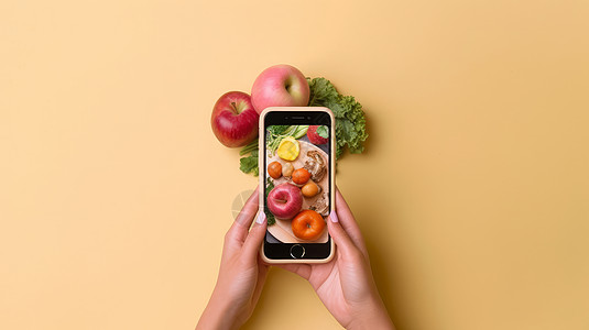 新鲜水果蔬菜女人的手拿着手机拍新鲜水果插画
