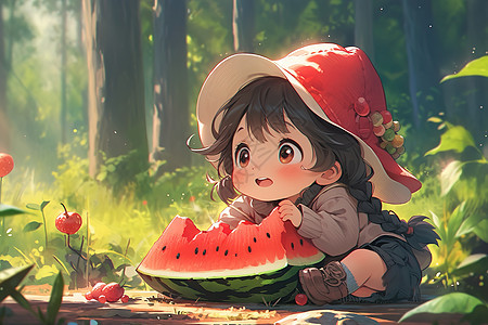 夏天阳光森林里开心吃西瓜的女孩图片