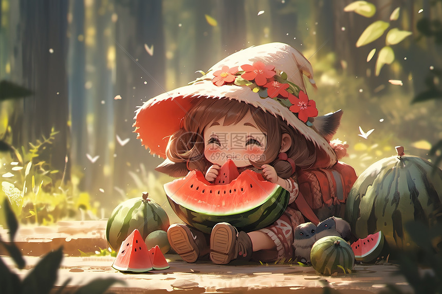 开心的女孩在吃西瓜阳光森林图片